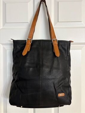 Roots Black Vegan Leather Tote with Brown Handles